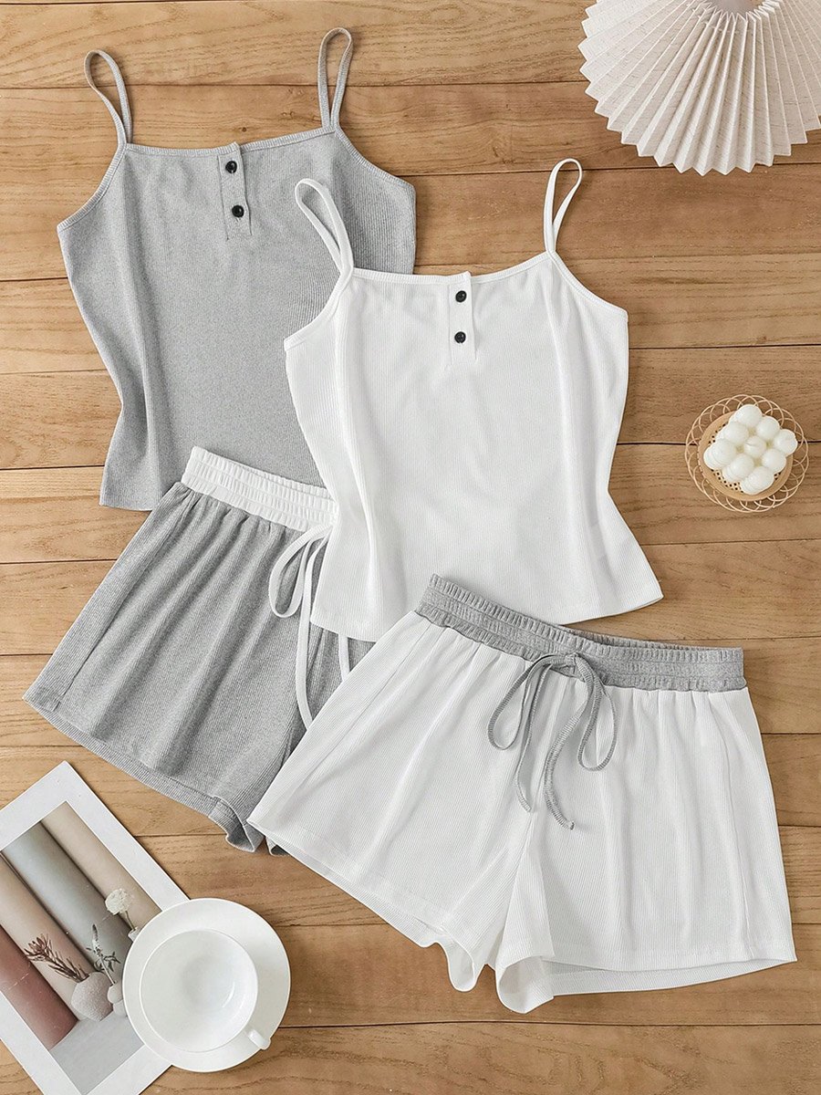 Set of 2 - Solid Cami Top and Drawstring Waist Shorts Co-Ords