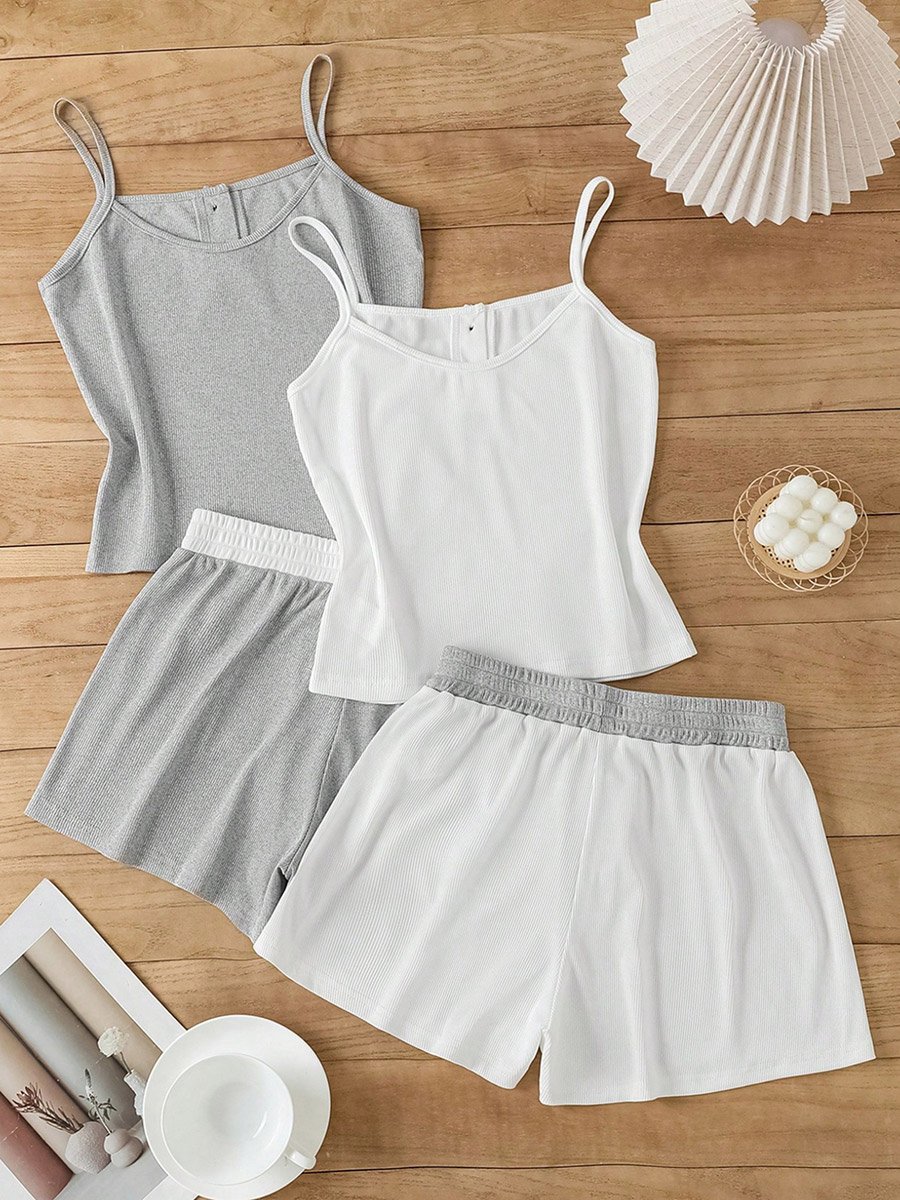 Set of 2 - Solid Cami Top and Drawstring Waist Shorts Co-Ords