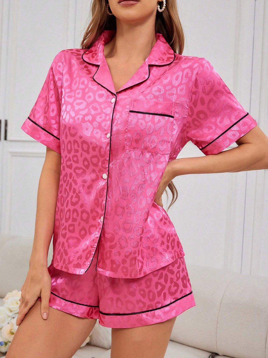 Dark Pink Leopard Print Shirt and Shorts Pyjama Set