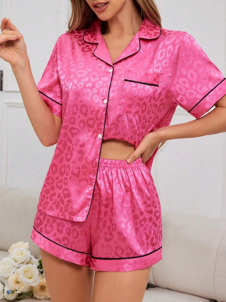 Dark Pink Leopard Print Shirt and Shorts Pyjama Set