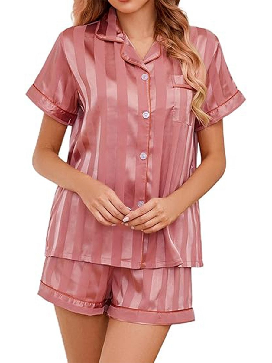 Pink Striped Pattern Piping Shirt and Shorts Set