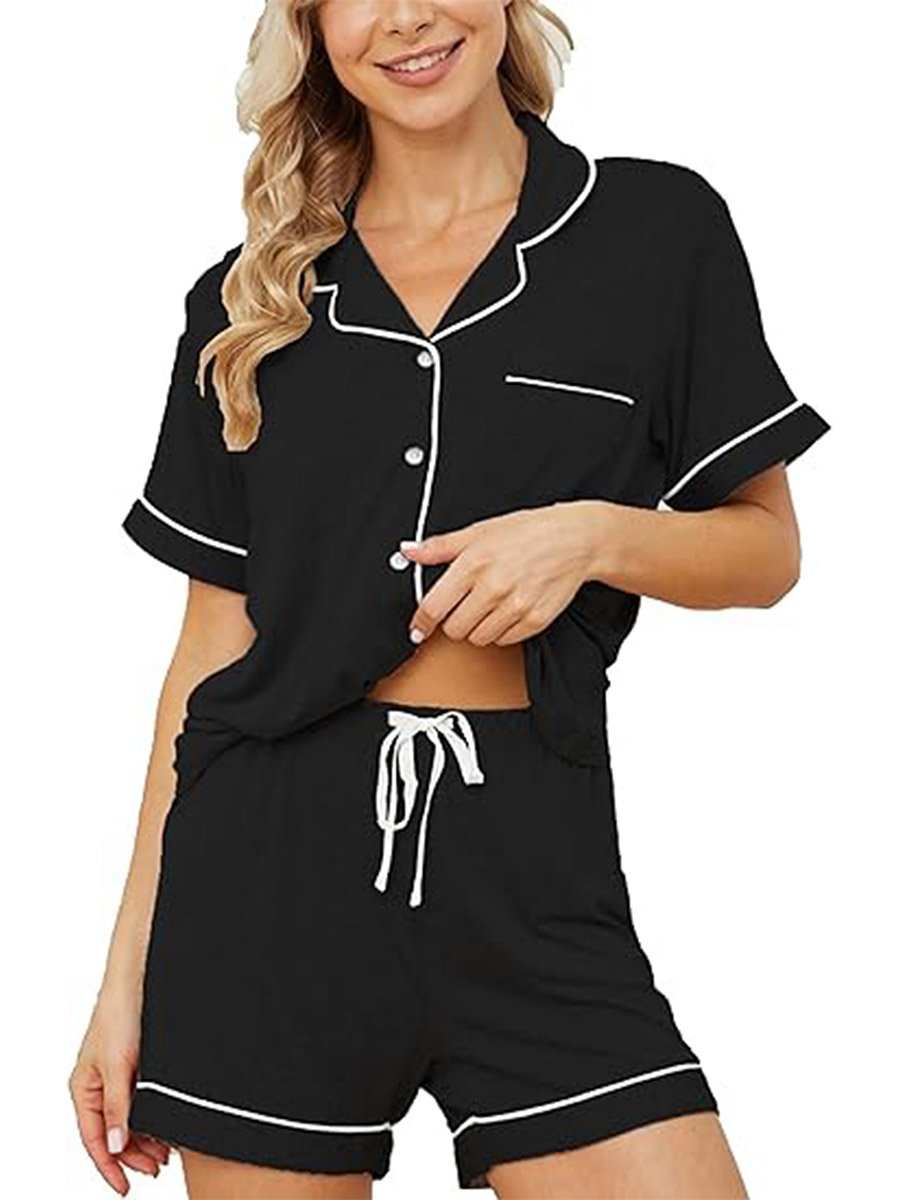 Black Solid Piping Detail Shirt and Shorts Set