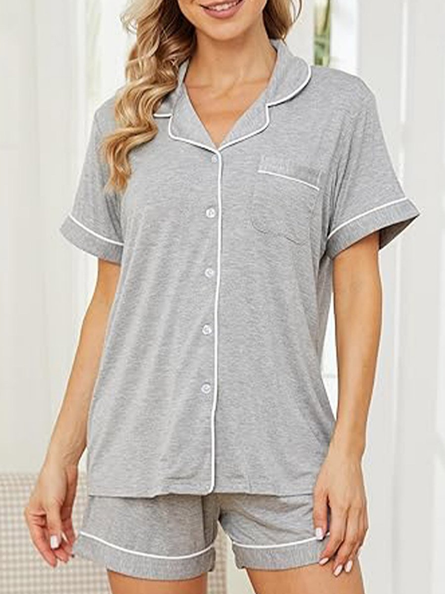 Grey Solid Piping Detail Shirt and Shorts Set