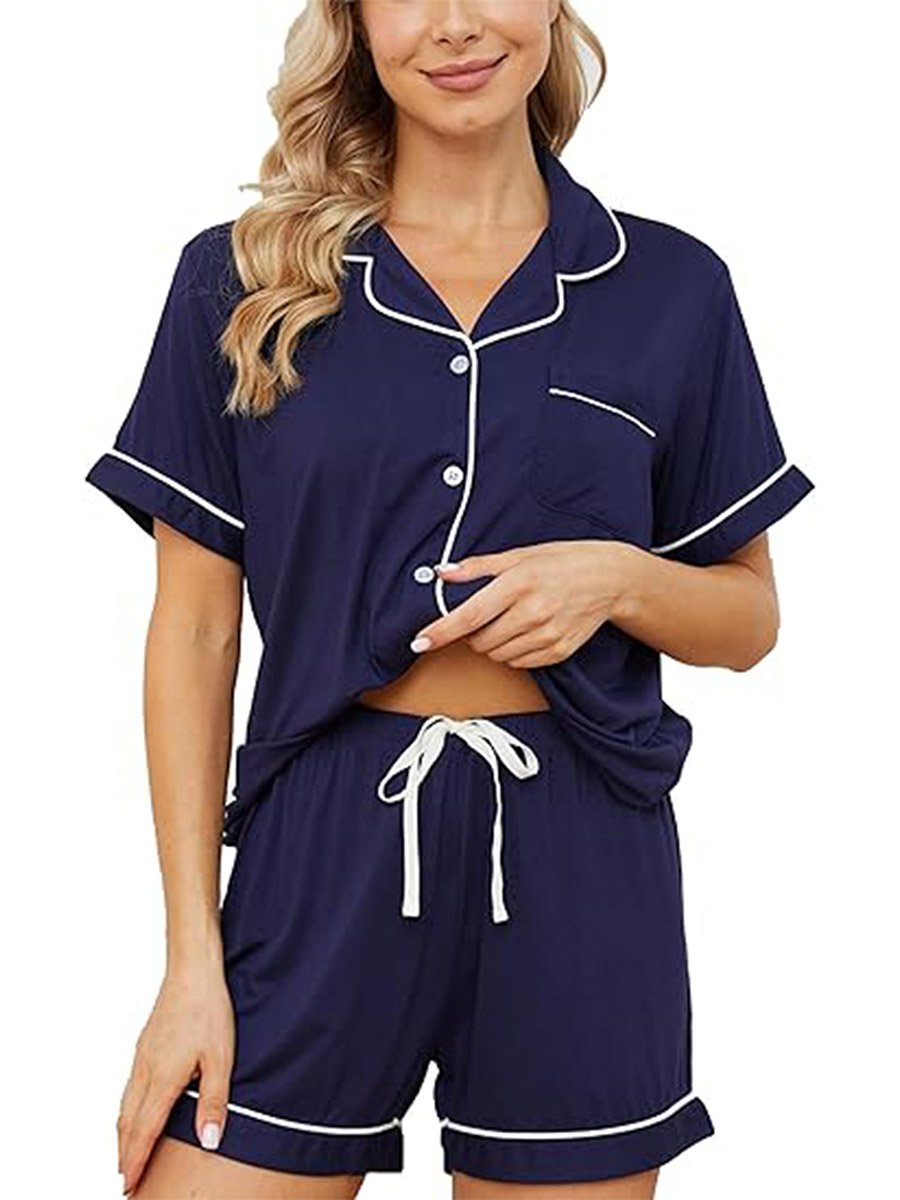Blue Solid Piping Detail Shirt and Shorts Set