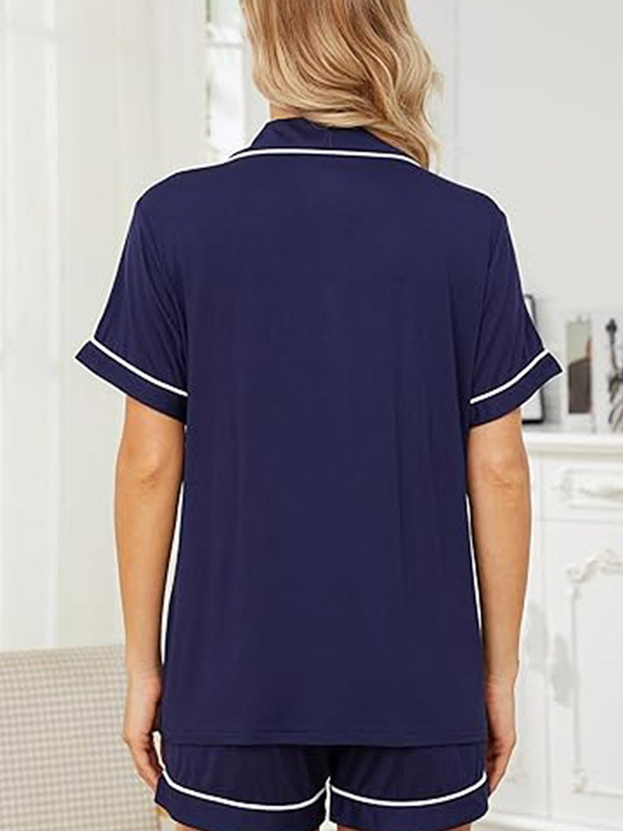 Blue Solid Piping Detail Shirt and Shorts Set
