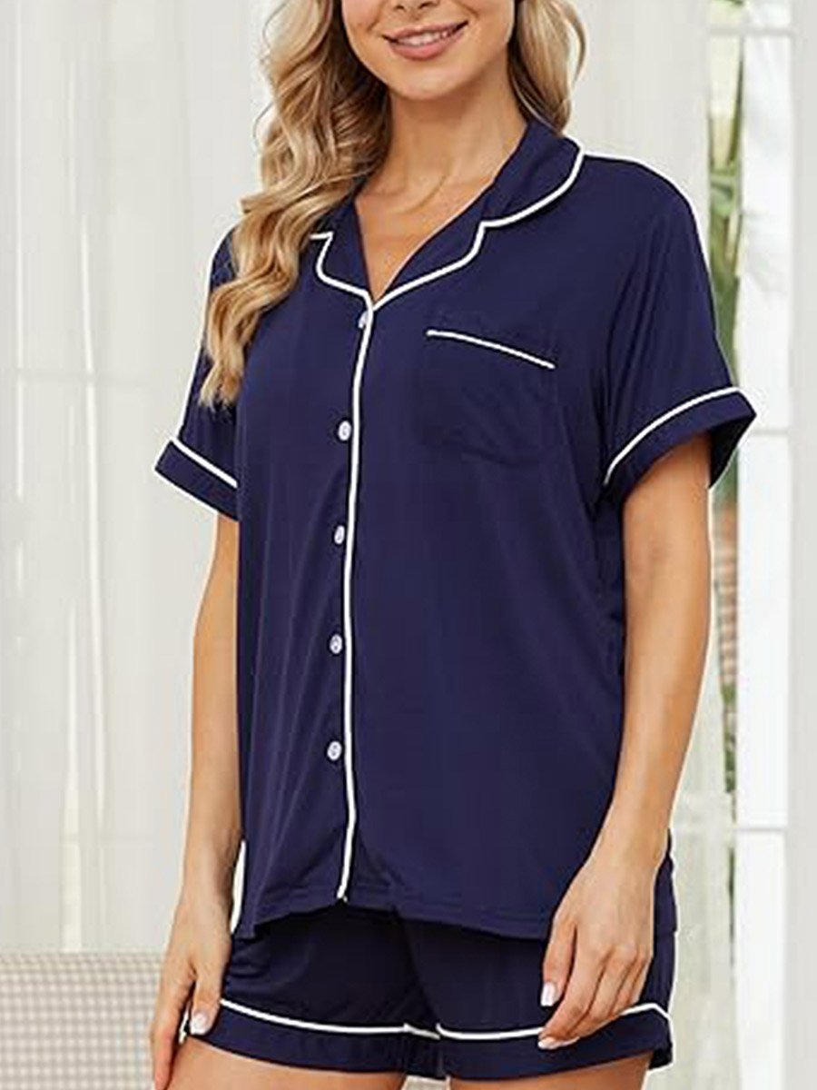 Blue Solid Piping Detail Shirt and Shorts Set