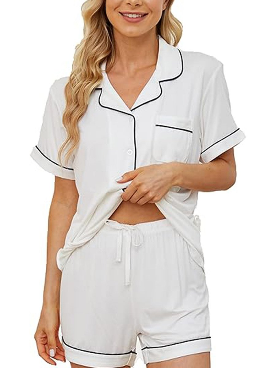 White Solid Piping Detail Shirt and Shorts Set