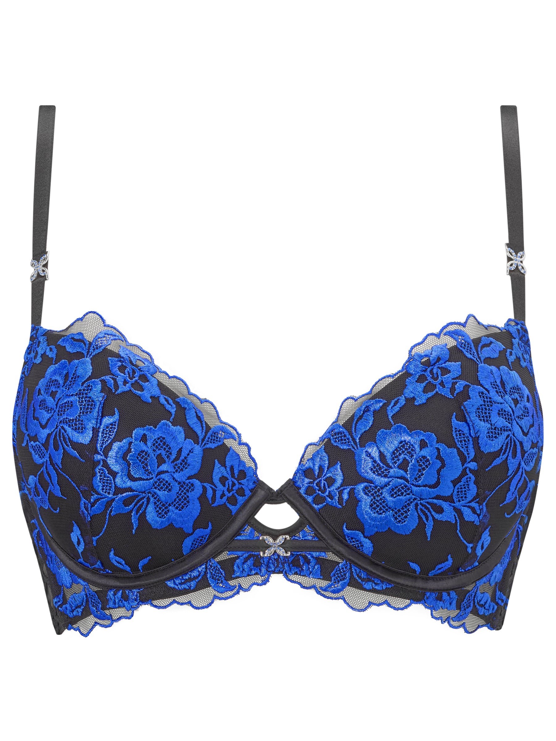 Blue Floral Lace Padded Wired Plunge Bra
