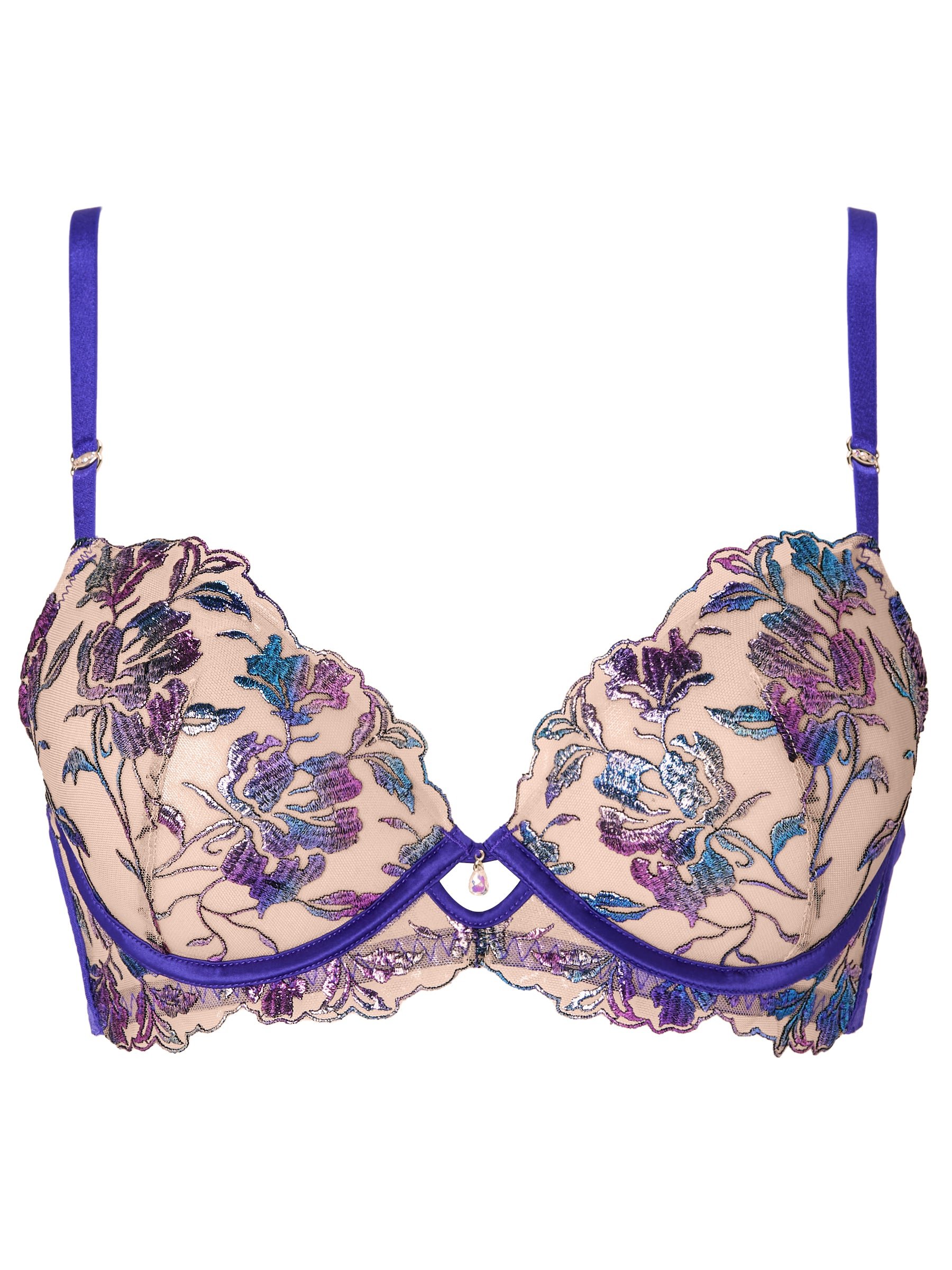 Blue Floral Lace Padded Wired Plunge Bra