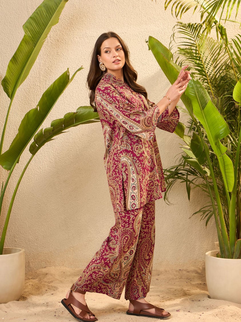 Maroon Paisley Pure Cotton Kurti and Straight Trousers Co-Ords