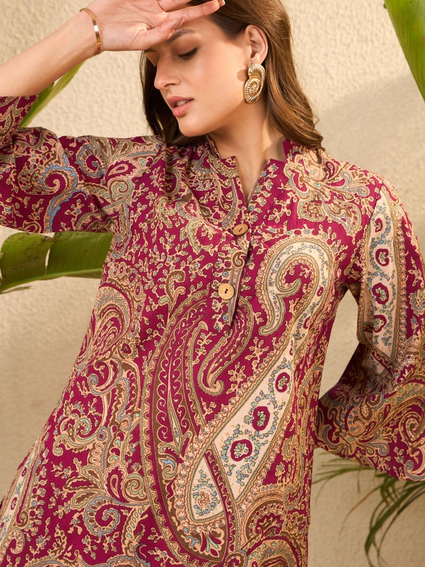 Maroon Paisley Pure Cotton Kurti and Straight Trousers Co-Ords