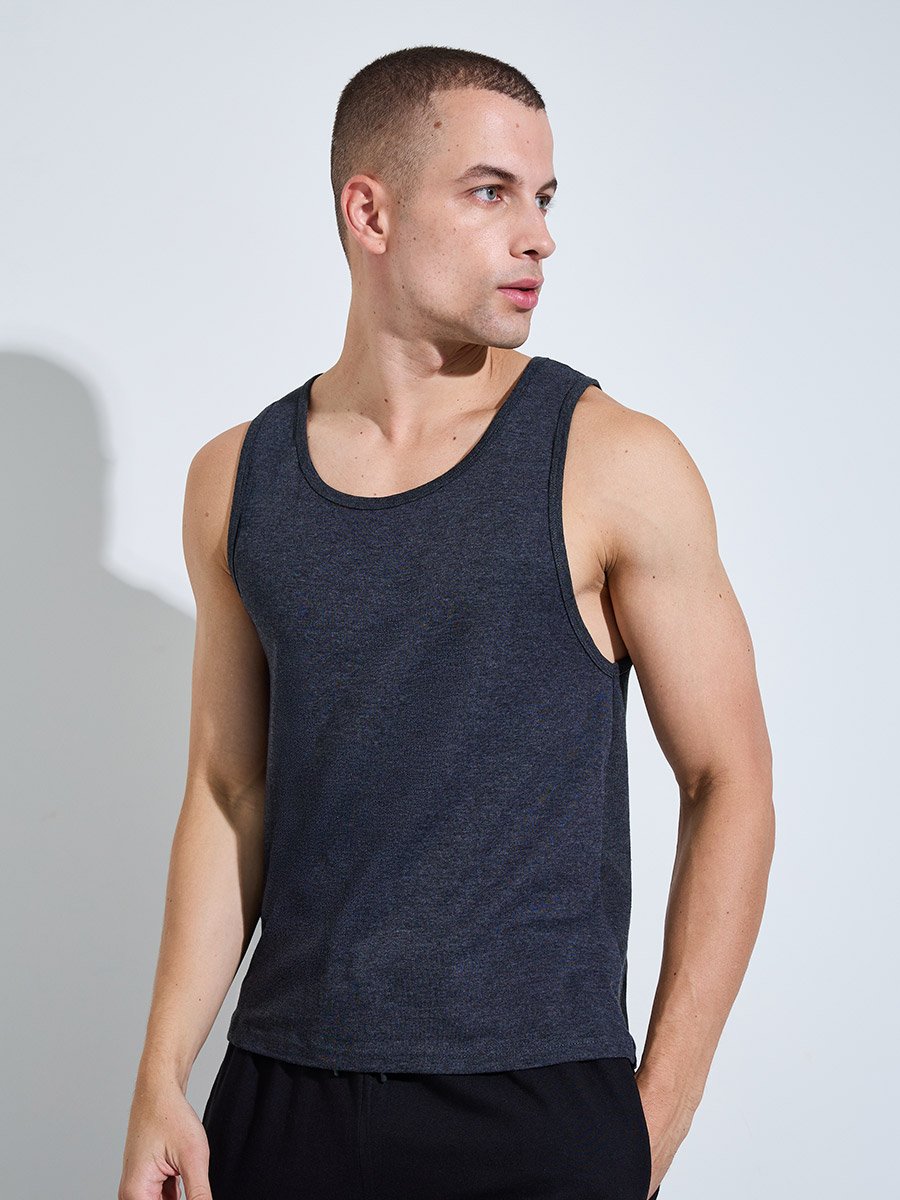 Charcoal Solid Round Neck Ribbed Vest
