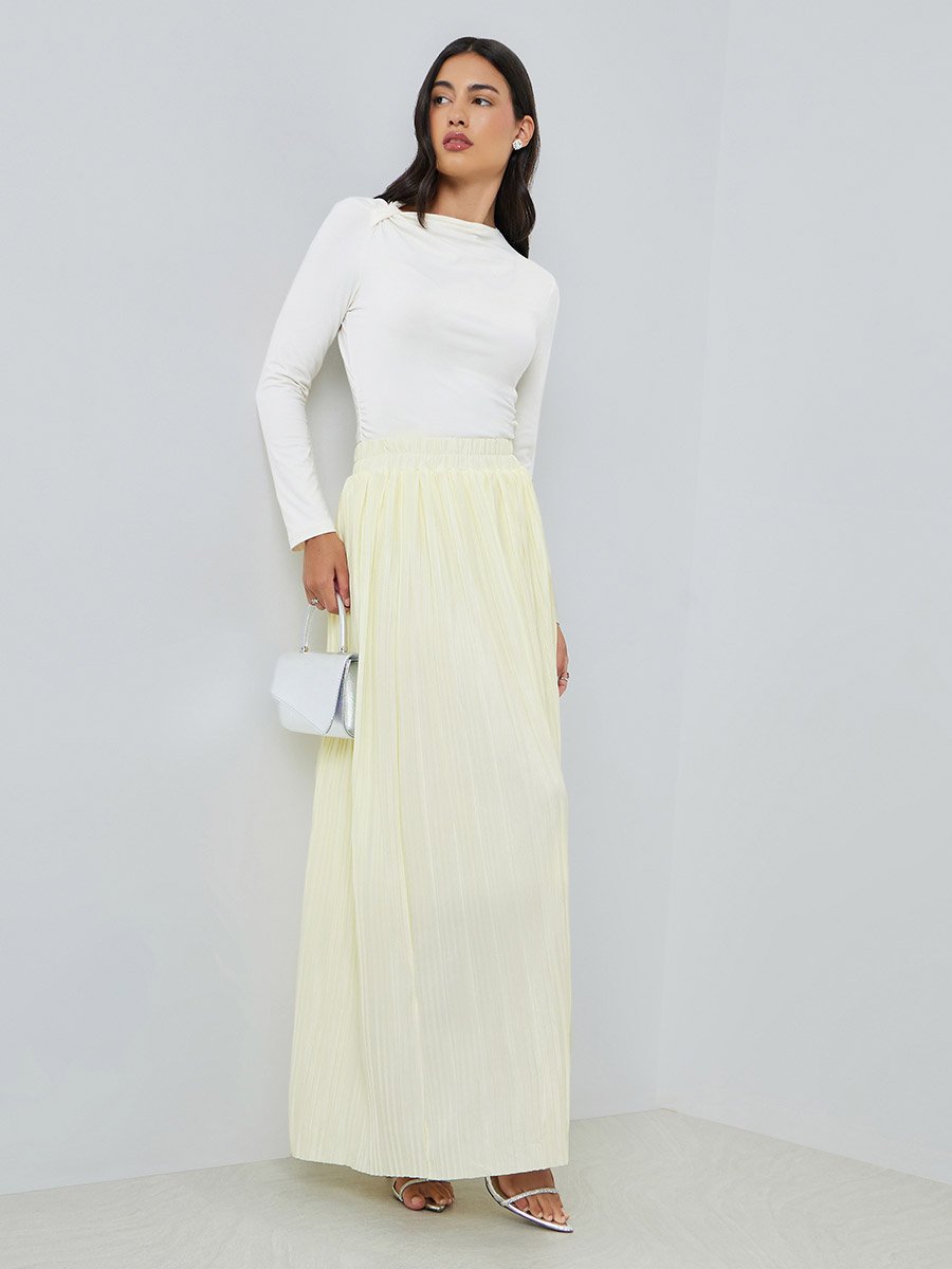 Cream Pleated A-Line Maxi Skirt