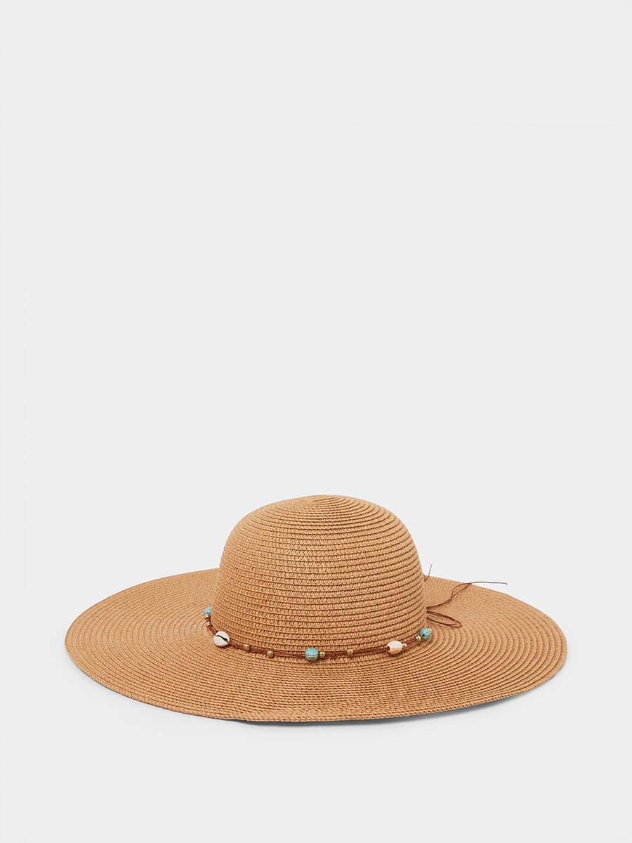 Khaki Straw Sun Hat with Pearl Embellishments