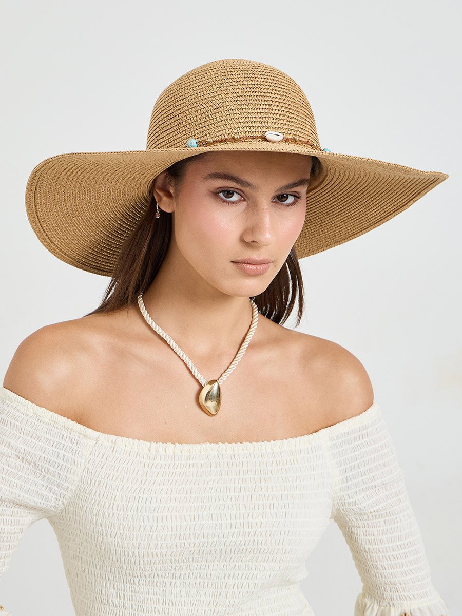 Khaki Straw Sun Hat with Pearl Embellishments
