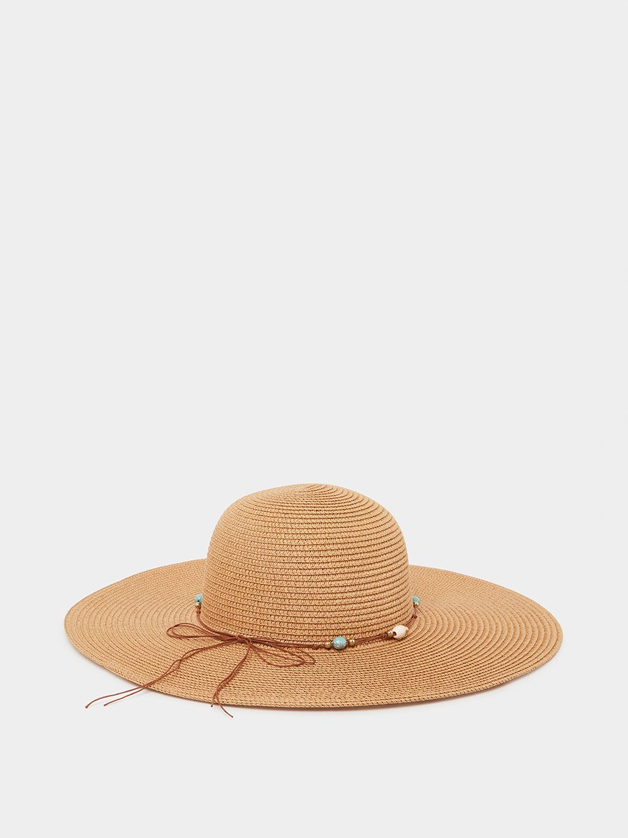Khaki Straw Sun Hat with Pearl Embellishments