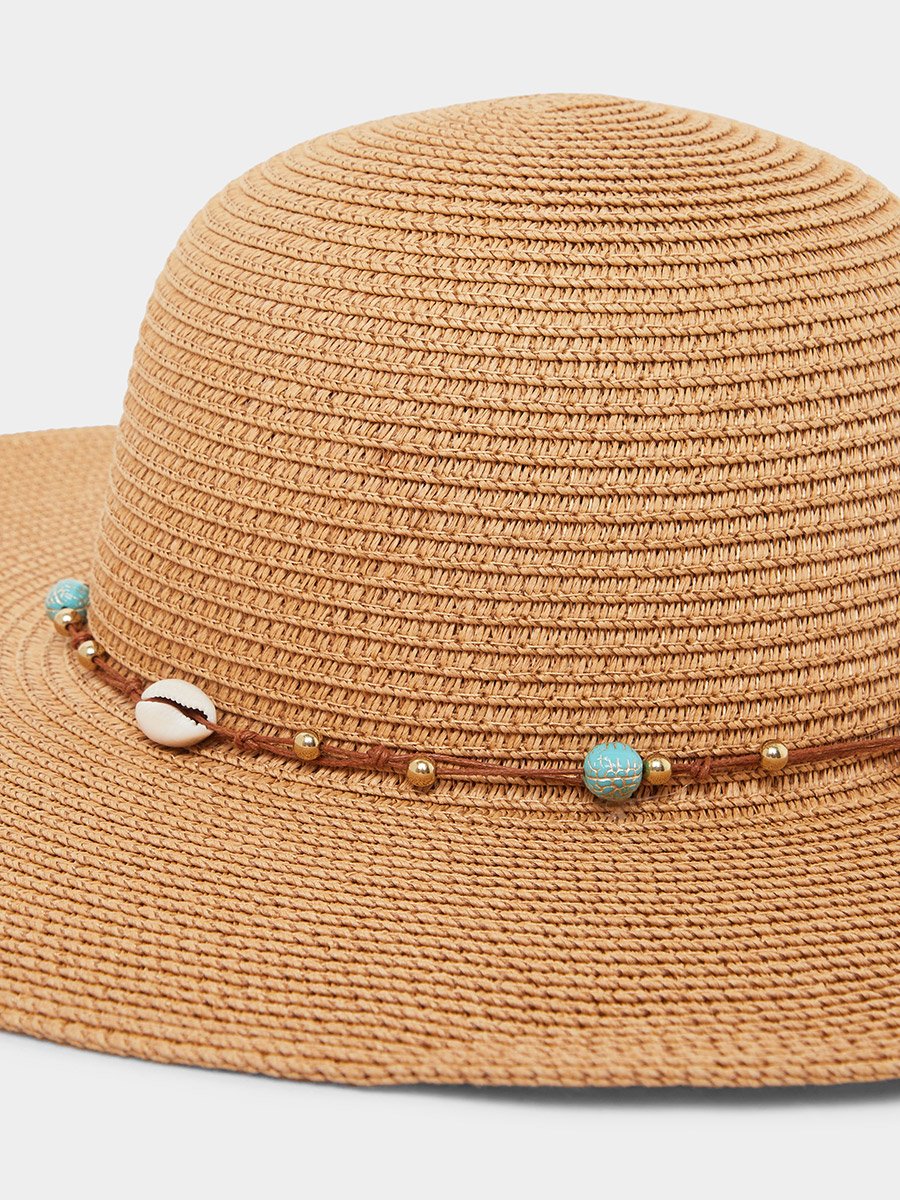 Khaki Straw Sun Hat with Pearl Embellishments