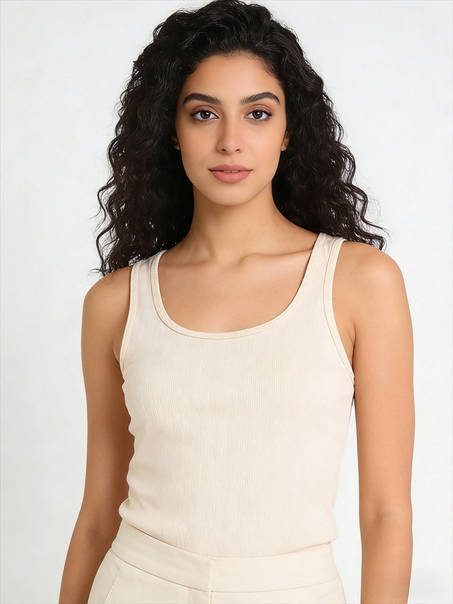 Beige Solid Scoop Neck Tank Top