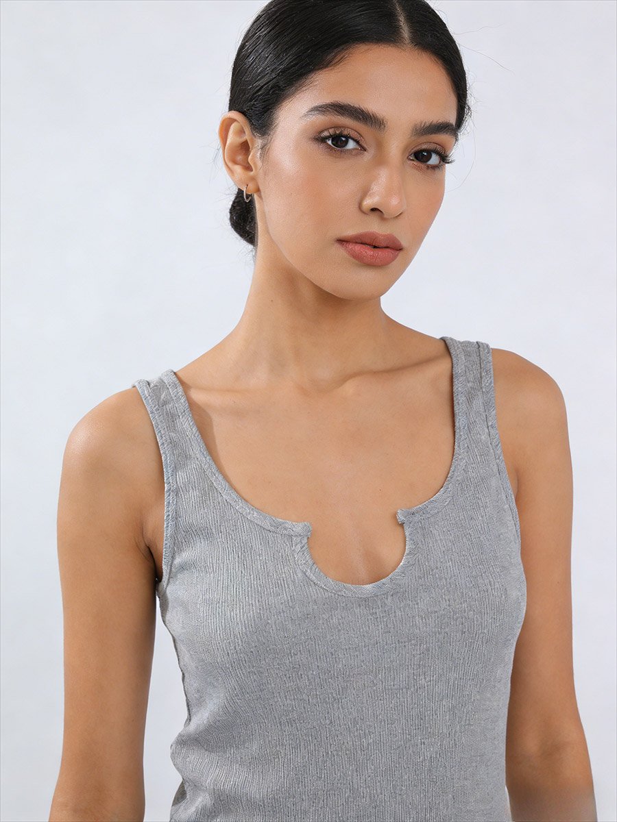 Grey Solid Notch Neck Tank Top