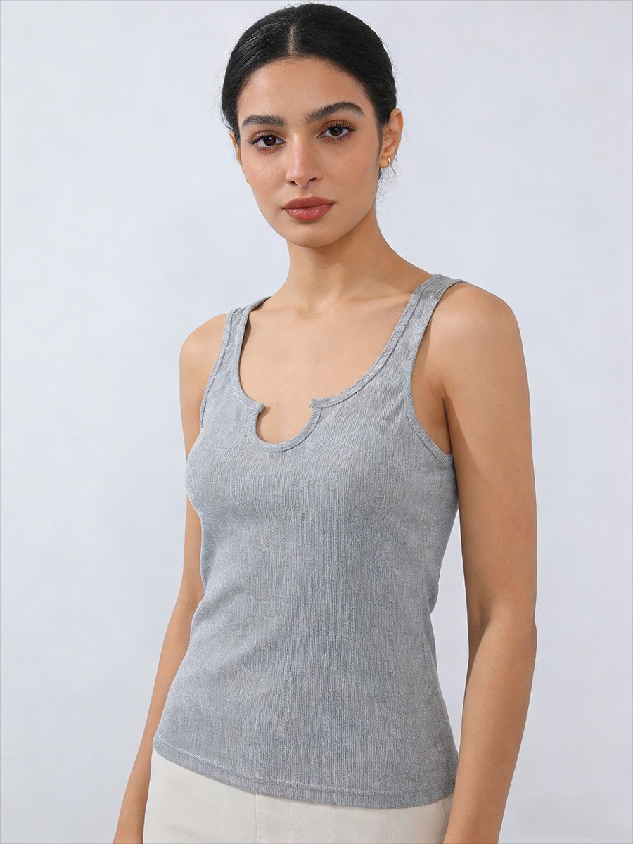 Grey Solid Notch Neck Tank Top