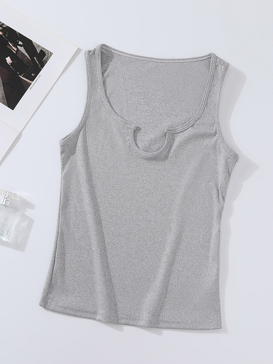 Grey Solid Notch Neck Tank Top