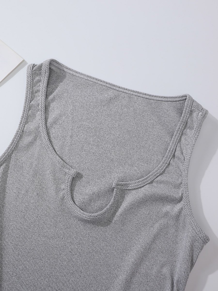 Grey Solid Notch Neck Tank Top