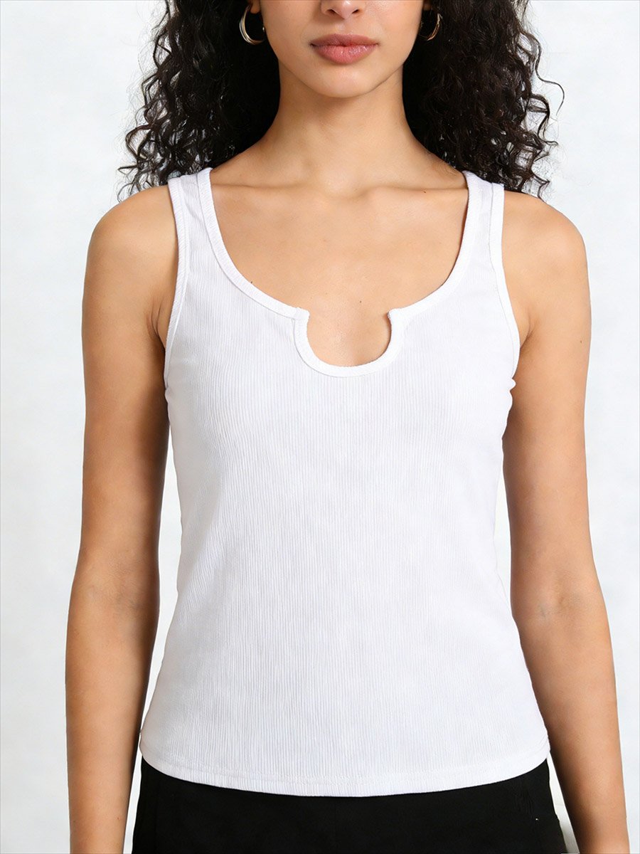 White Solid Notch Neck Tank Top