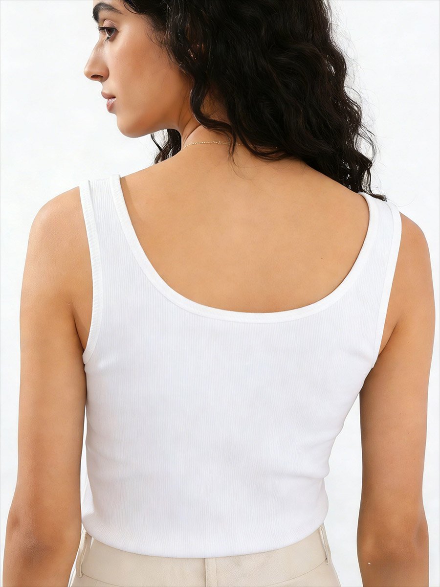 White Solid Notch Neck Tank Top