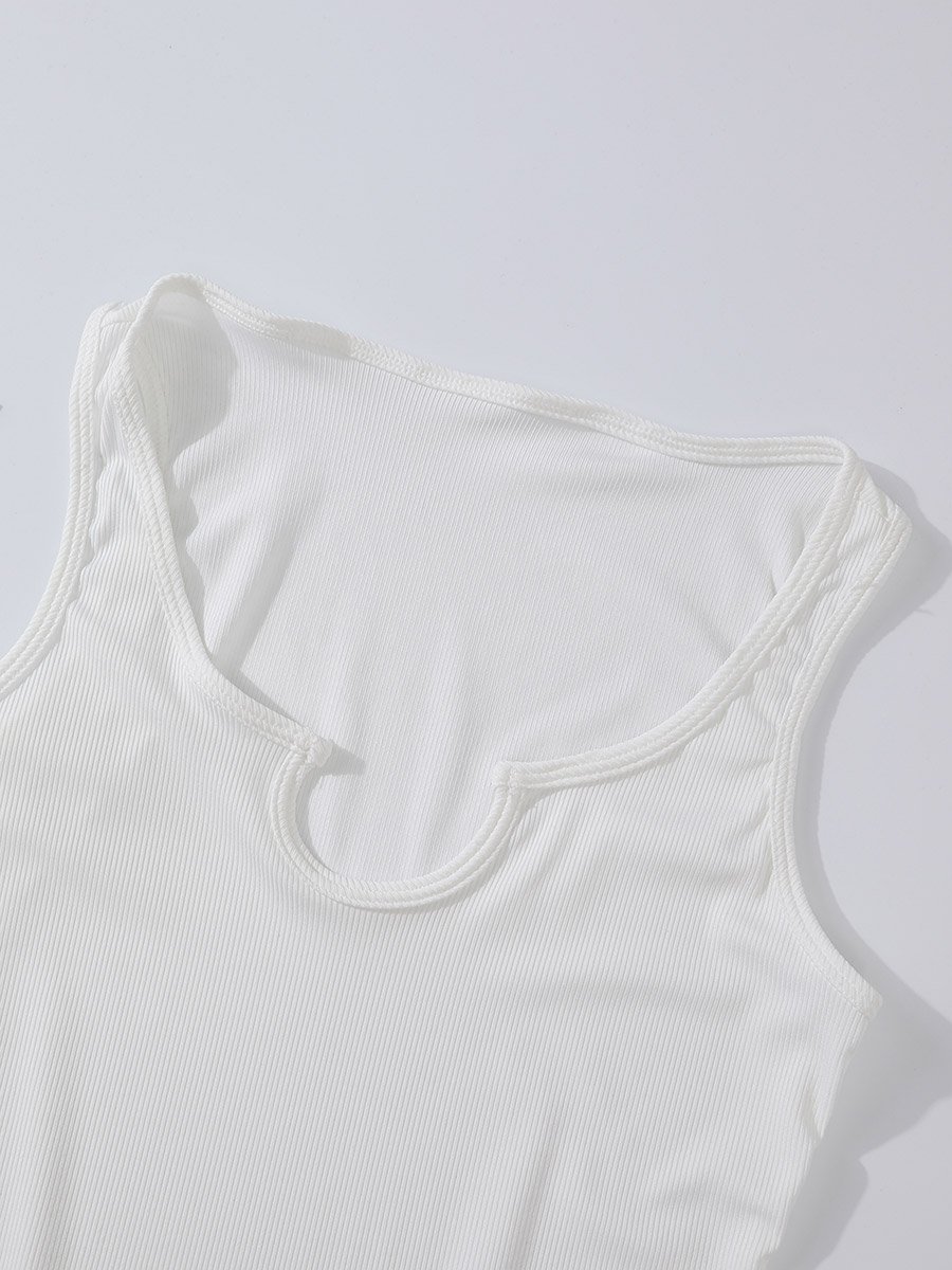White Solid Notch Neck Tank Top