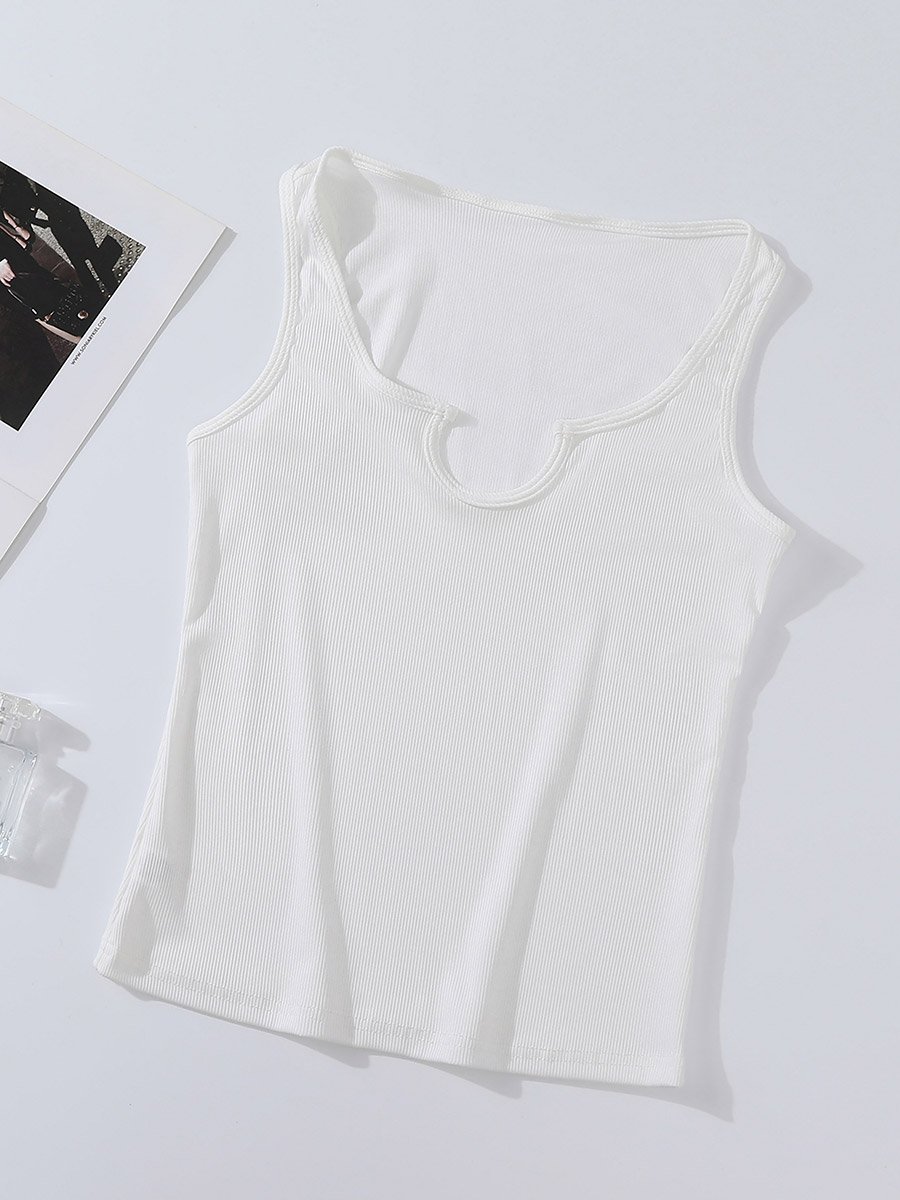 White Solid Notch Neck Tank Top