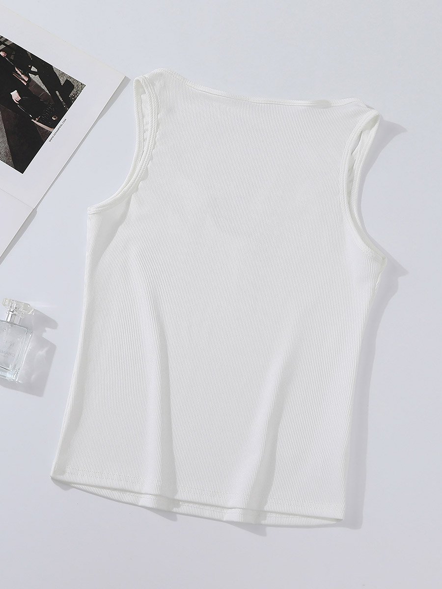 White Solid Notch Neck Tank Top