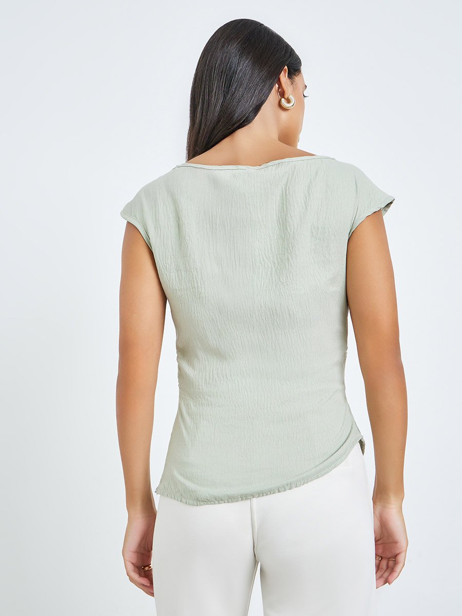 Green Short Sleeve Blouse with Pleated Detail