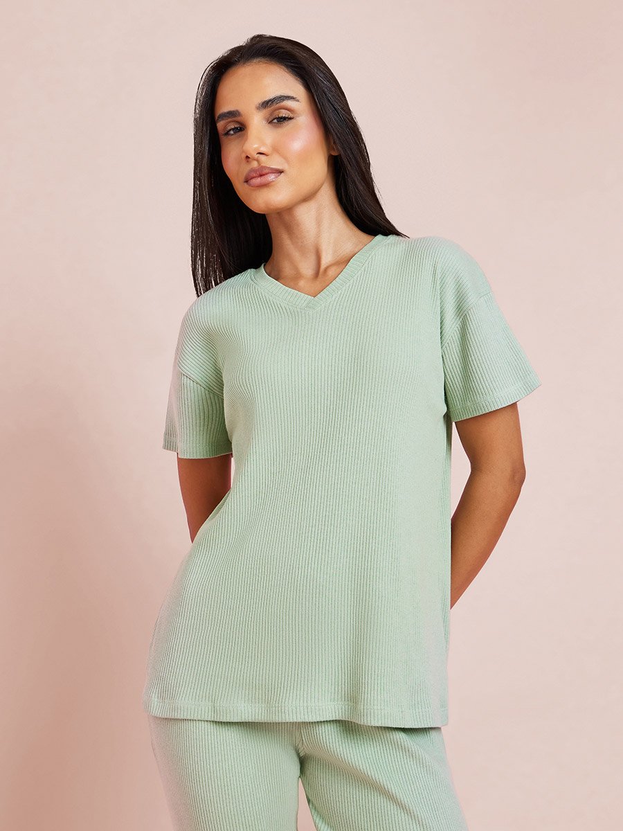 Green Rib V Neck Drop Shoulder T-Shirt and Pyjama Set