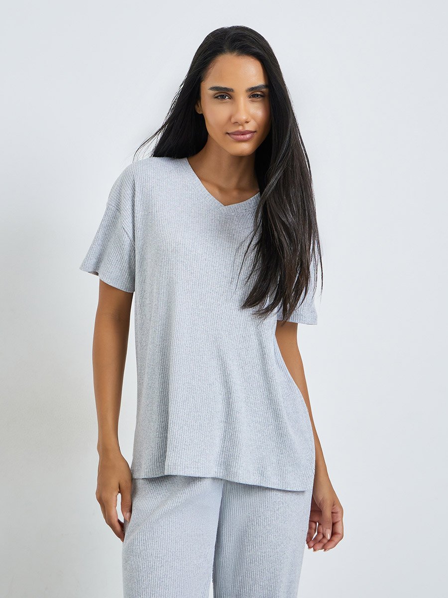 Grey Rib V Neck Drop Shoulder T-Shirt and Pyjama Set