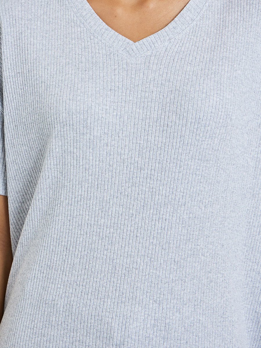Grey Rib V Neck Drop Shoulder T-Shirt and Pyjama Set