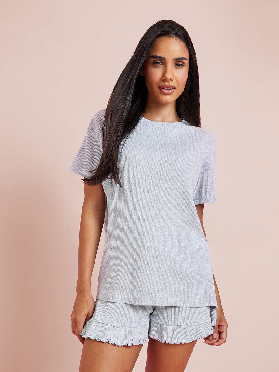 Grey Rib Drop Shoulder Cotton T-Shirt and Ruffle Edge Short Set