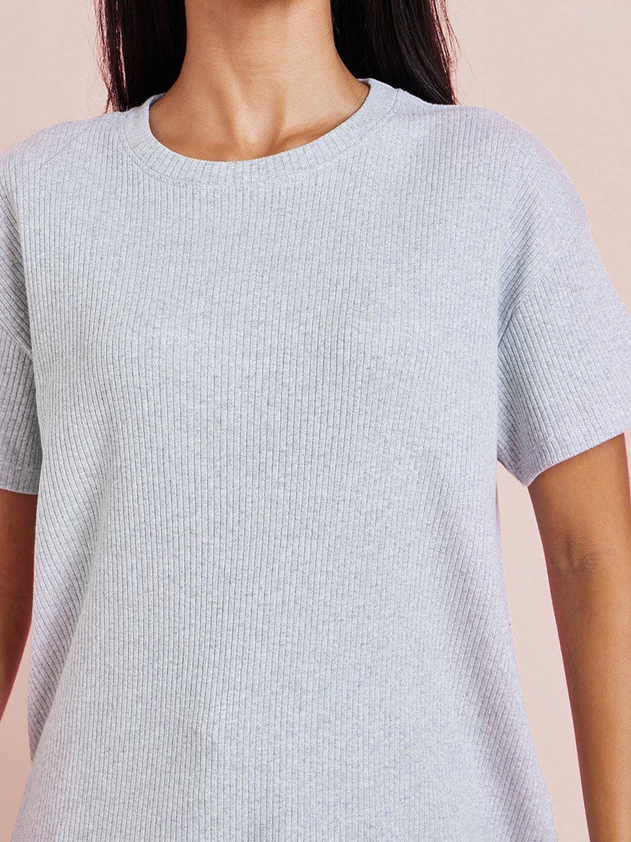 Grey Rib Drop Shoulder Cotton T-Shirt and Ruffle Edge Short Set