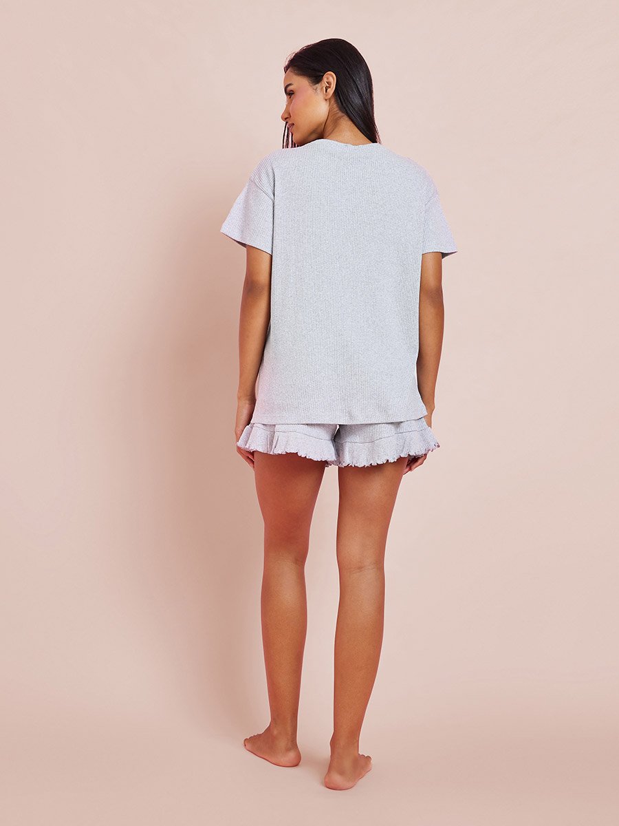Grey Rib Drop Shoulder Cotton T-Shirt and Ruffle Edge Short Set
