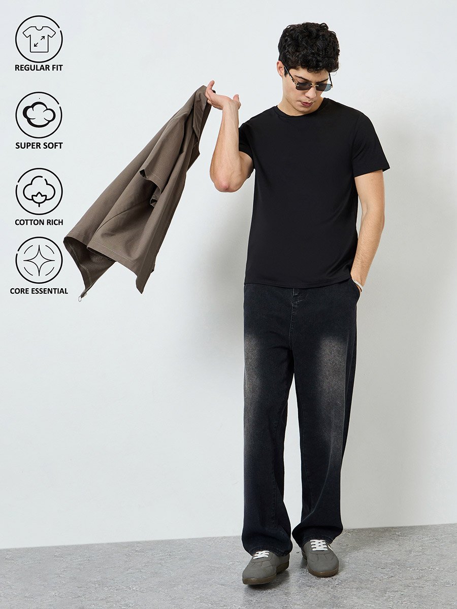 Men Black Cotton Crew Neck T-Shirt