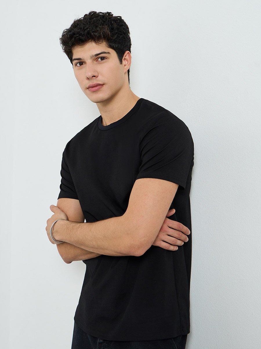 Men Black Cotton Crew Neck T-Shirt