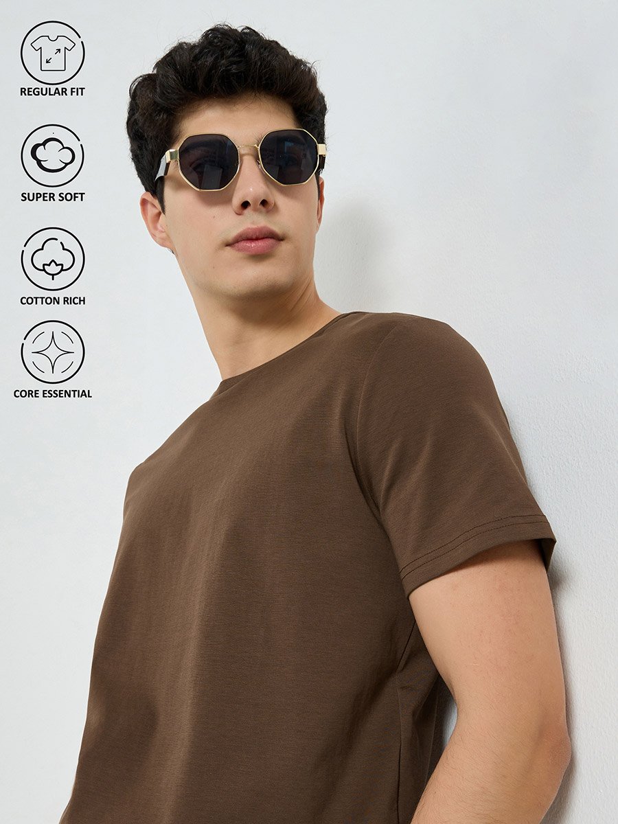 Men Brown Cotton Blend Crew Neck T-Shirt