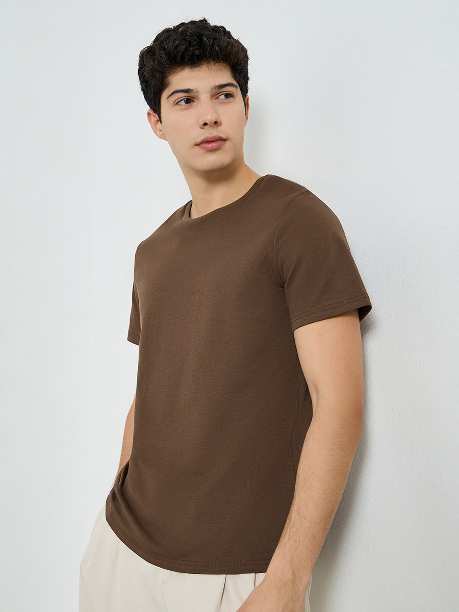 Men Brown Cotton Blend Crew Neck T-Shirt