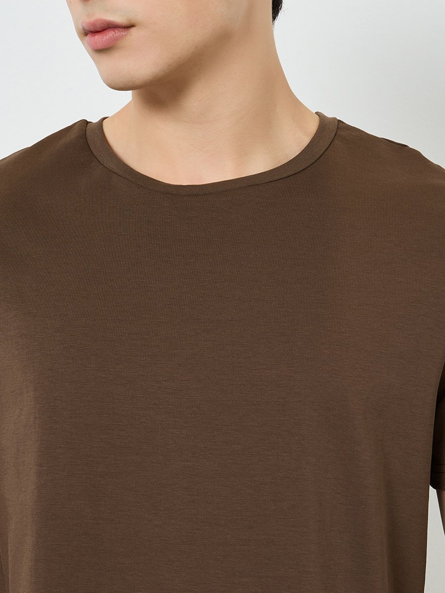 Men Brown Cotton Blend Crew Neck T-Shirt