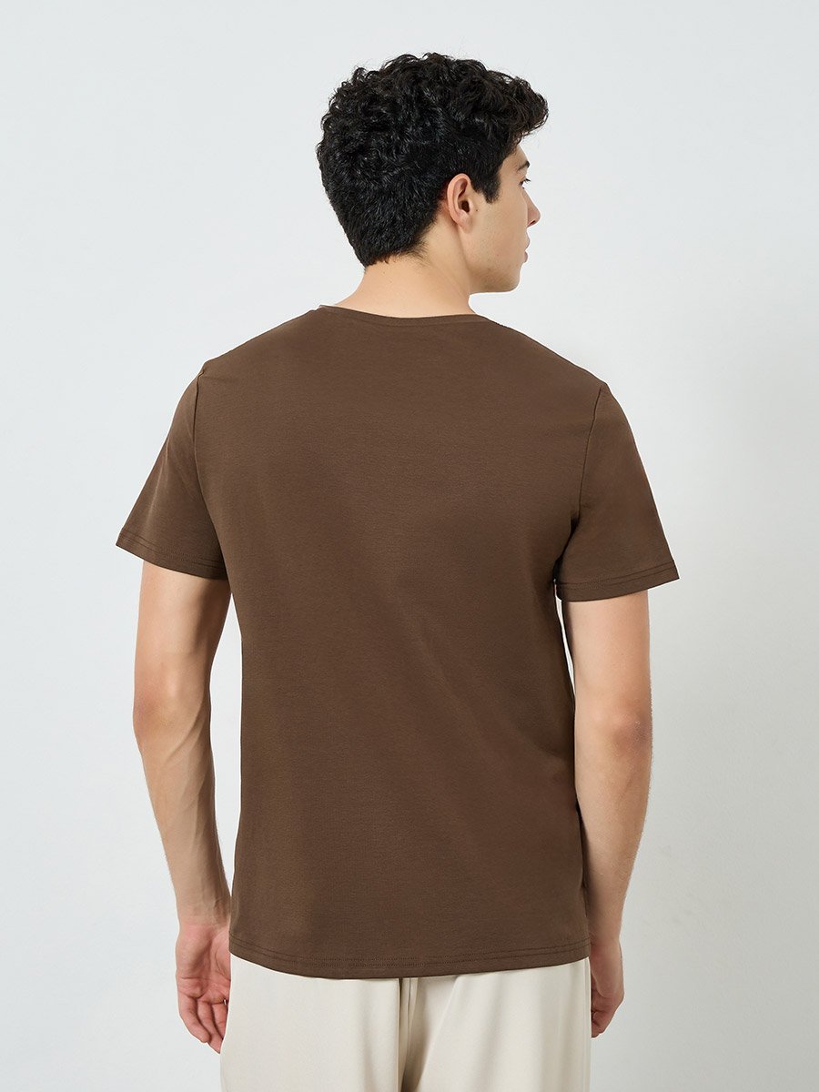 Men Brown Cotton Blend Crew Neck T-Shirt