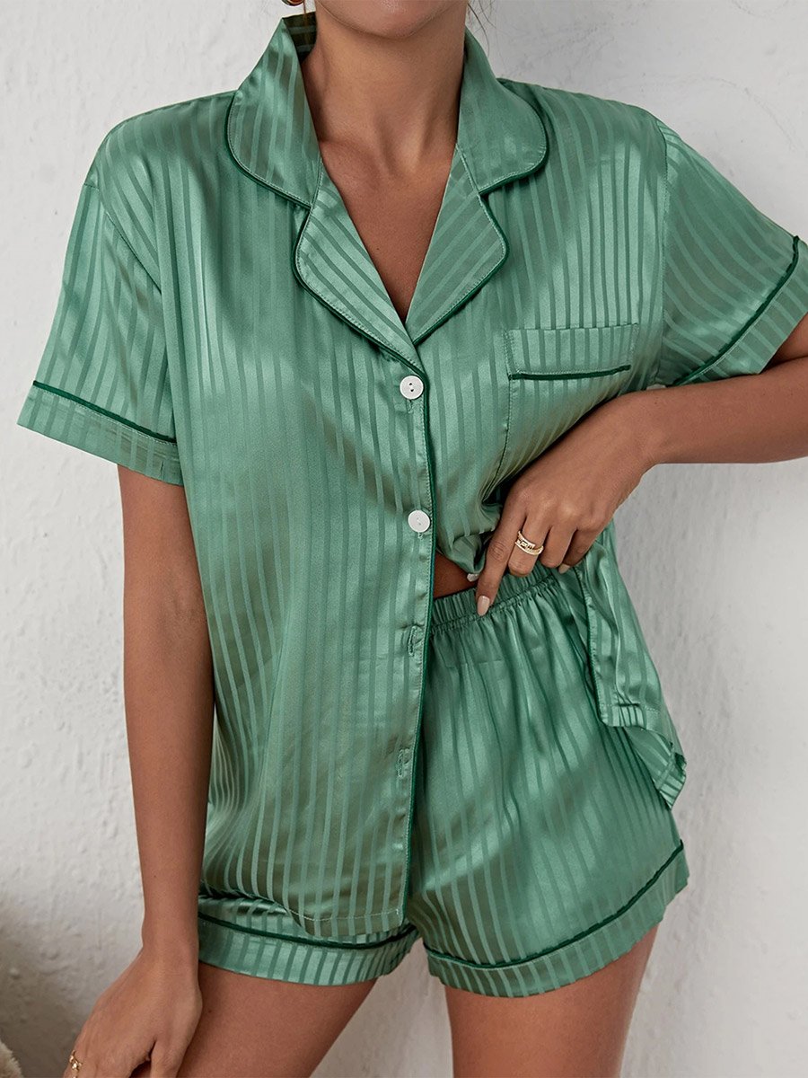 Green Striped Short Sleeve Shirt and Shorts Set