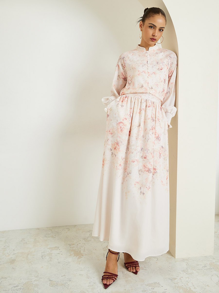 Cream Floral Print Top and Maxi Skirt Set Co-ords