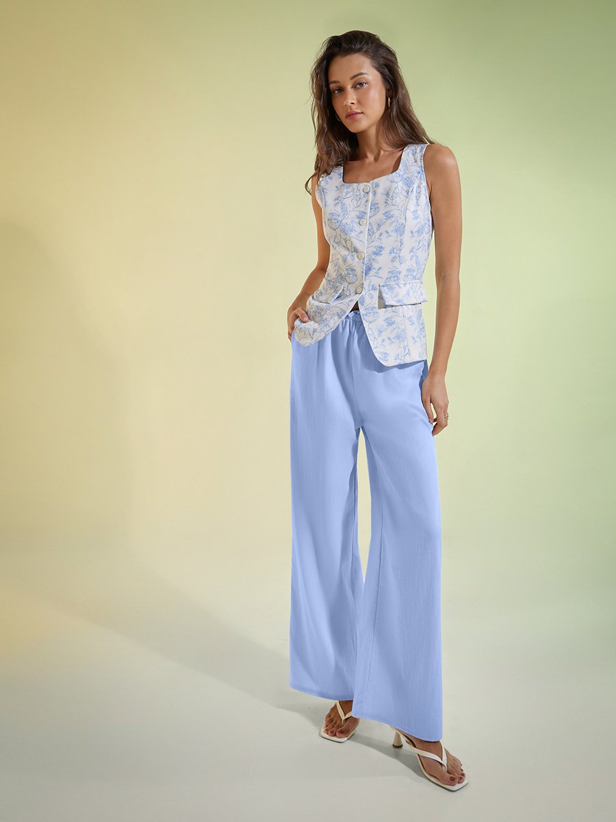 Blue Floral Print Square Neck Waistcoat