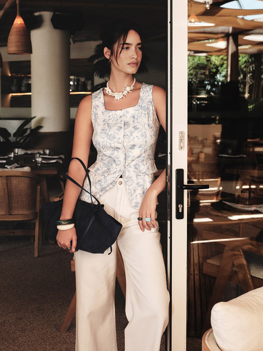Blue Floral Print Square Neck Waistcoat