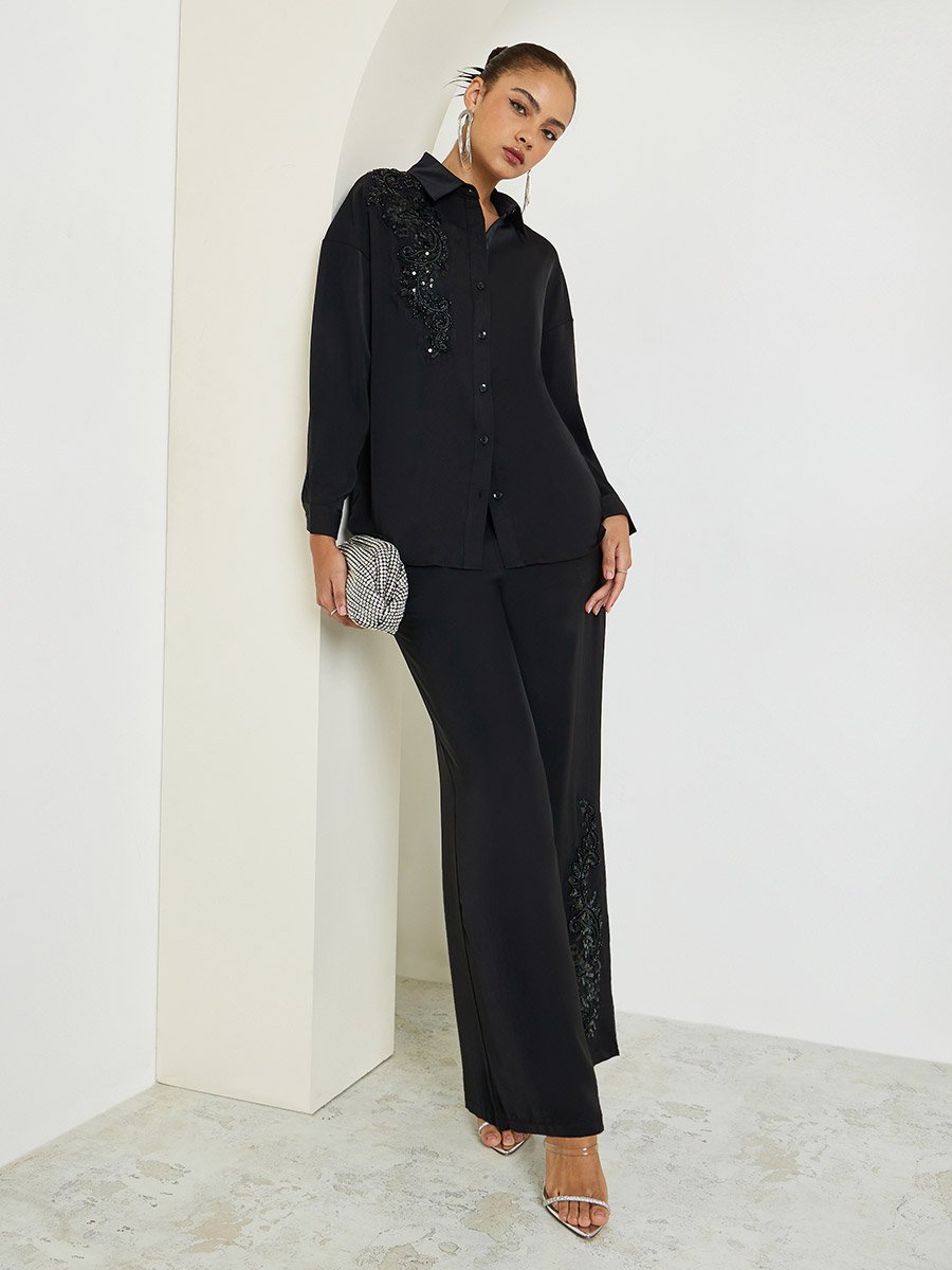 Black Sequin Embellished Shirt and Trousers Co-Ords