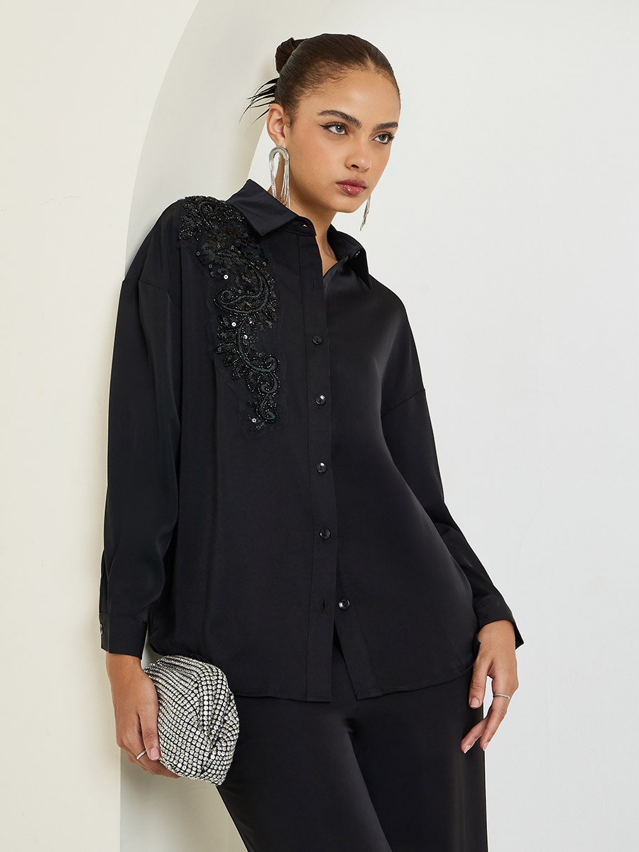 Black Sequin Embellished Shirt and Trousers Co-Ords